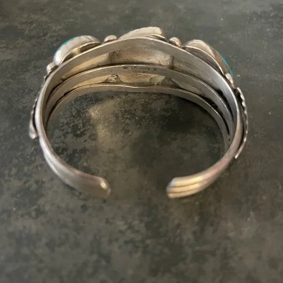 Vintage Native American Turquoise & Sterling Silver Cuff by M Thomas Jr - Picture 3 of 8
